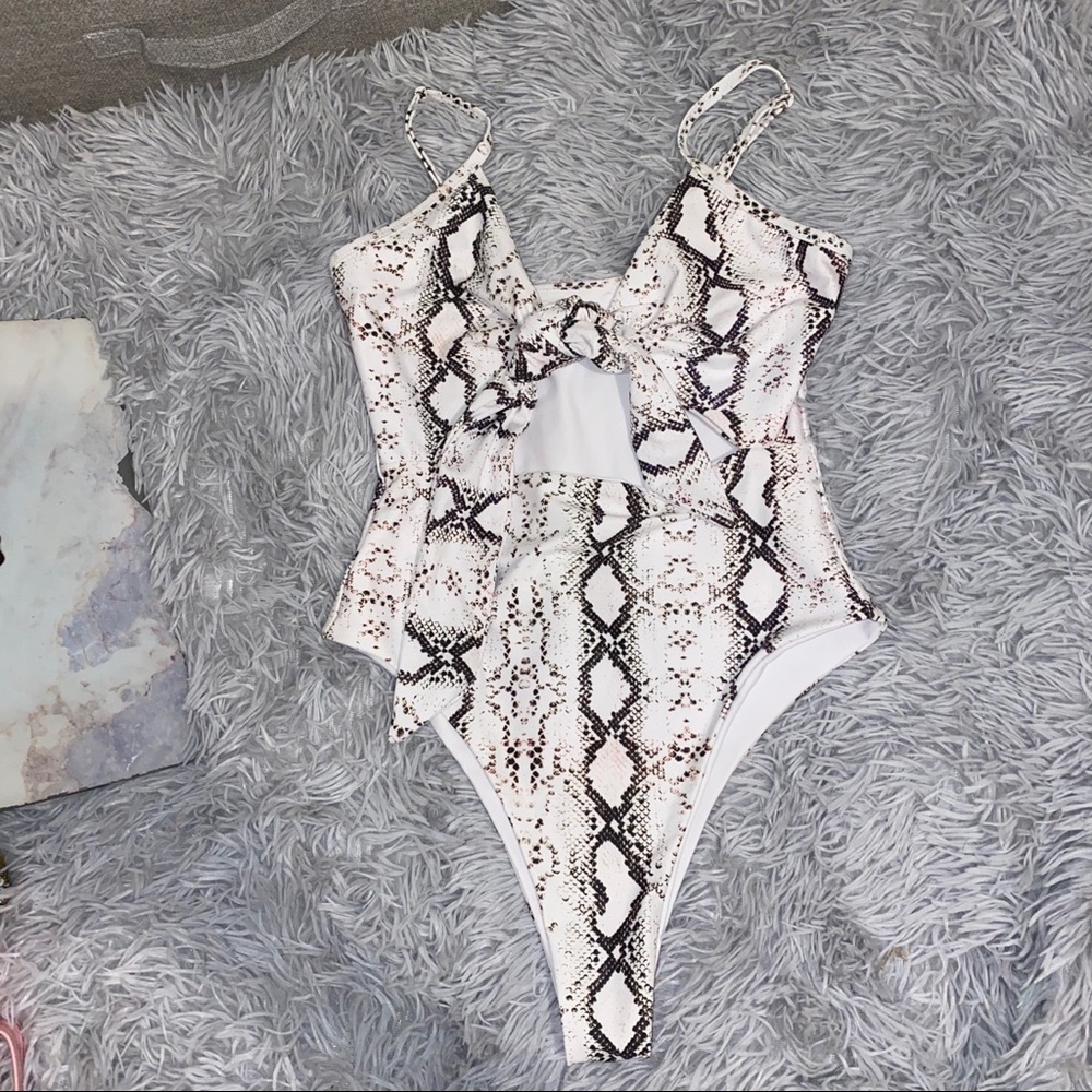 Snake print front tie one piece